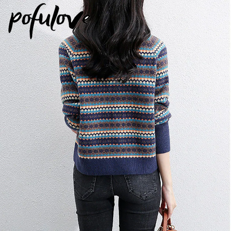 Свитер женский в этническом стиле пуловер ретро вязаный Свободный Топ трендовый
