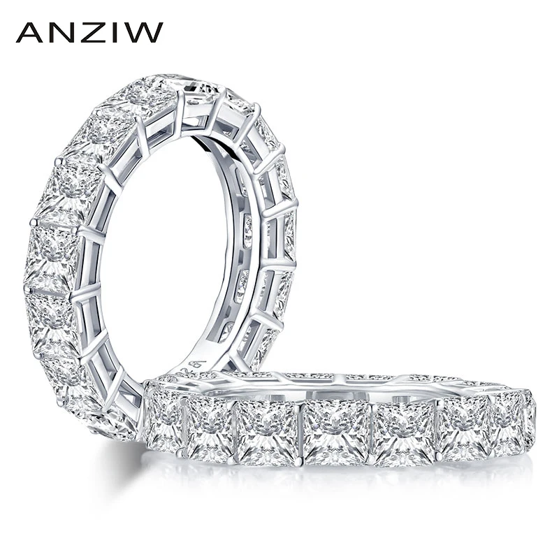 

ANZIW 925 Sterling Silver 4mm Princess Cut Full Eternity Ring for Women Sona Simulated Diamond Engagement Wedding Band Ring