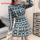 ALPHALMODA 2019 новый осенне-зимний яркий блестящий вязаный свитер с длинными рукавами и геометрическим узором + юбка трапециевидной формы женский модный комплект