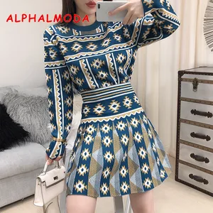ALPHALMODA 2019 новый осенне-зимний яркий блестящий вязаный свитер с длинными рукавами и геометрическим узором + юбка трапециевидной формы женский модный комплект