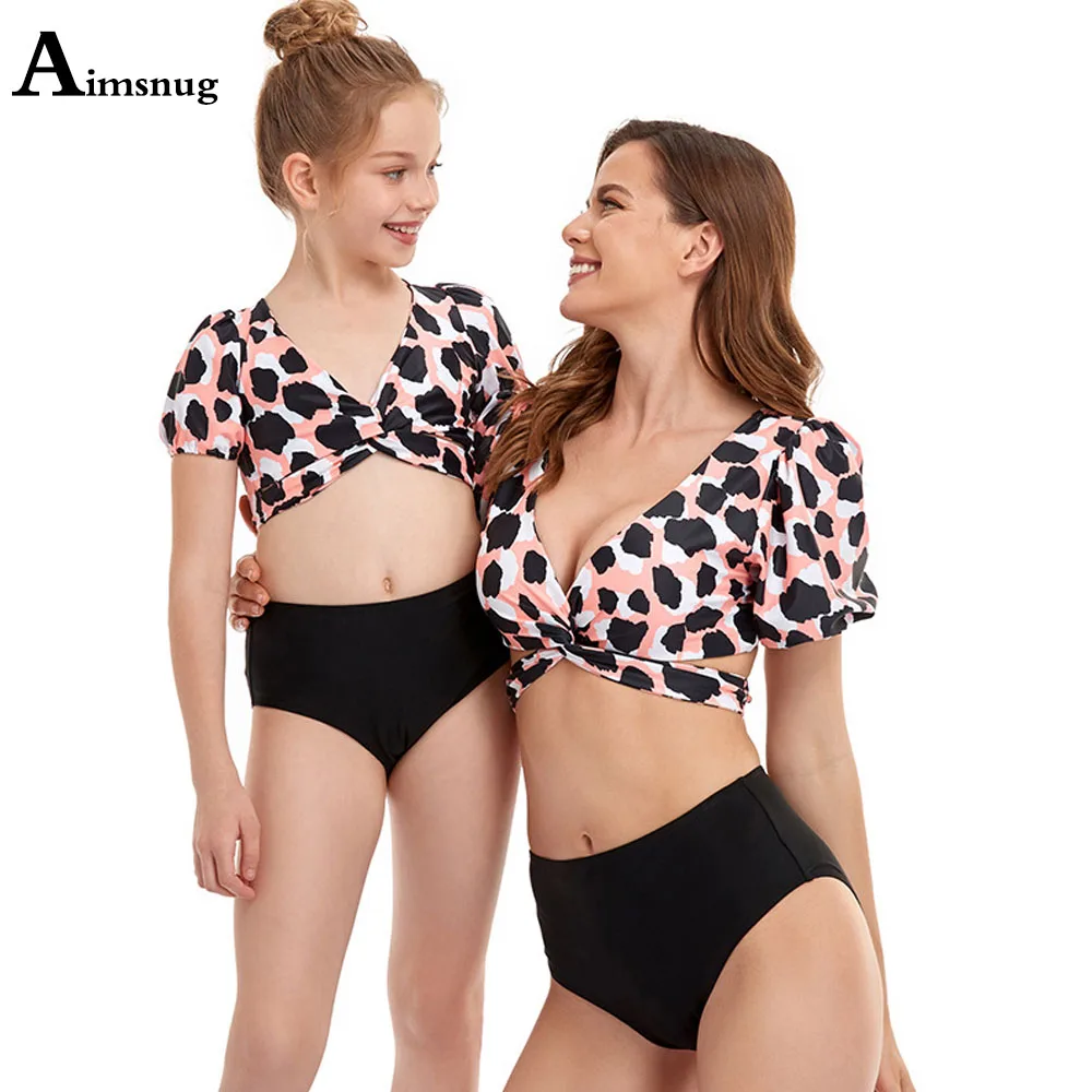 

Women Matching Family Mother Girl Bikini 3D Print Swimsuit 2021 Two Pieces Swimwear Puff sleeve Kids Beachwear biquini infantil