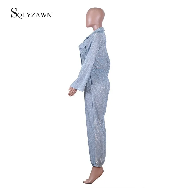 Fashion Sequin Glitter Blue Long Sleeve Cargo Pants Jumpsuit Women Streetwear Fall Romper Casual Loose Overall Plus Size 2XL |