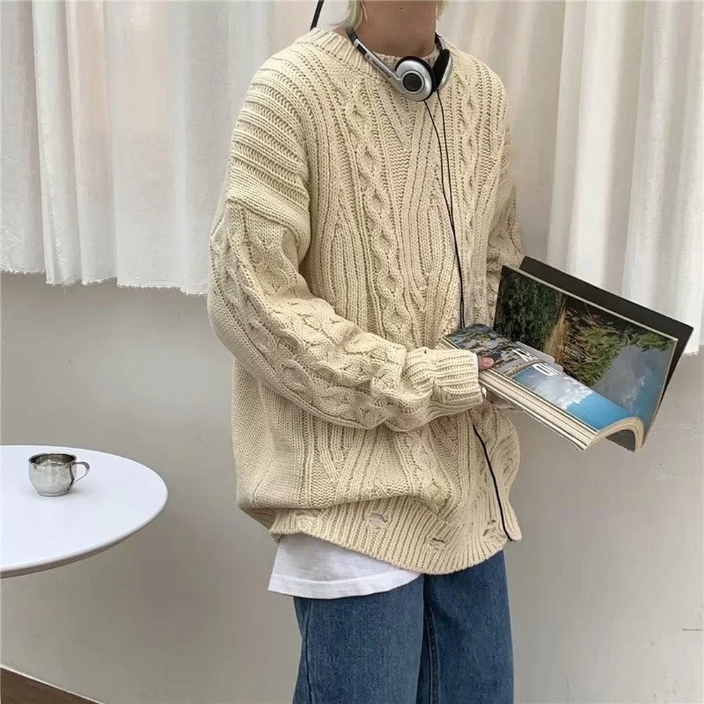 Men Knitted Sweater Pullover Woolen Tops Chunky Knit Sweater Winter Grey Cable Knit Jumper Warm Jumper Oversized Sweaters