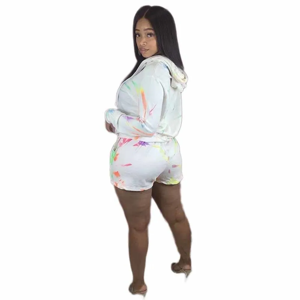 

Active Wear Tracksuit Women's Sets Tie Dye Print Long Sleeve Hooded Sweatshirt and Sporty Bodycon Short Casual 2 Piece Sweatsuit