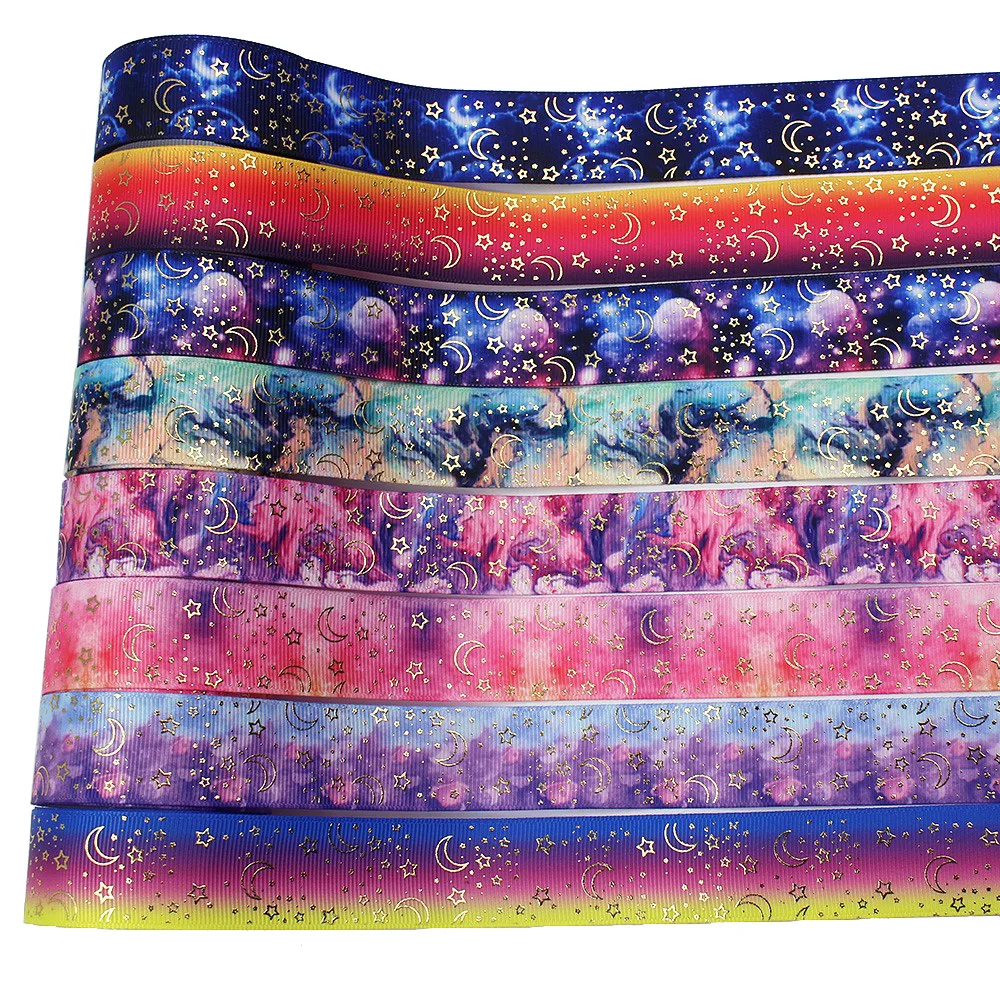 

L-201014-1210,1 25mm,5yards Hot Gold Star and Moon Webbing For Hair Ornament Bow Decoration Craft Accessories