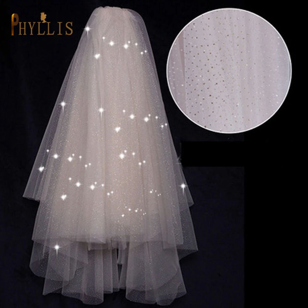 Фата свадебная блестящая двухслойная с гребнем короткая со звездным небом белый