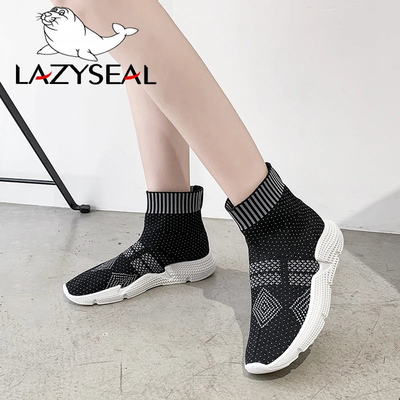 LazySeal ботильоны на не сужающемся книзу массивном каблуке; Повседневная обувь из трикотажной ткани; Новая женская обувь с квадратным носком; женские кроссовки без застежки на платформе