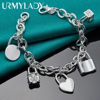 urmylady 925 sterling silver bracelet heart circle square lock chain bracelets for women man fashion charm wedding jewelry