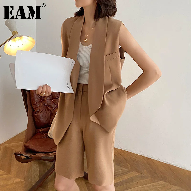 

[EAM] шорты до колена с широкими штанинами, костюм из двух предметов, новинка, без рукавов, черный, свободный крой, женская мода, лето 2022, 1DD7615