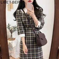 2021 New Spring Fall Women Dress Plaid Doll Collar Lace Up Bow Three Quarter Buttons Ladies High Waist Casual Midi Dress DR3058