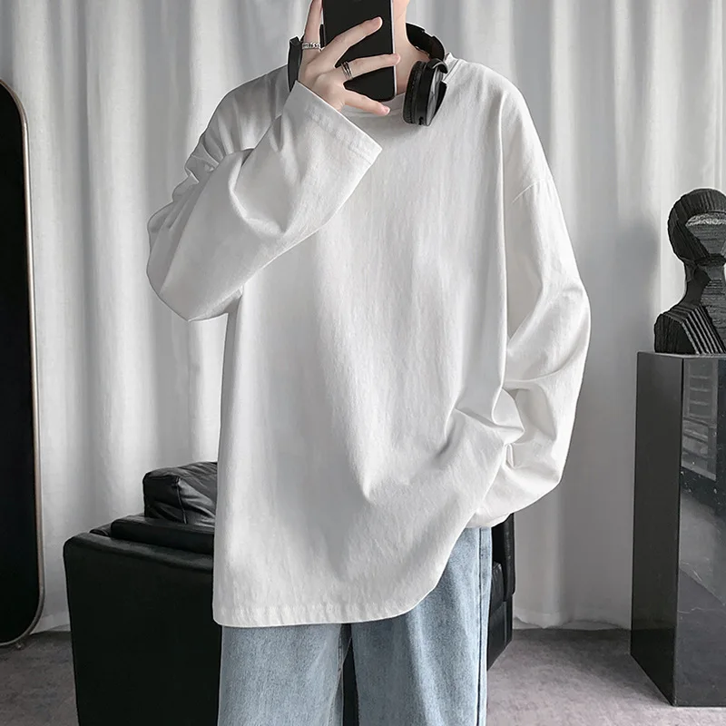 

QIWN White T-shirt Men's Long-sleeved Spring and Autumn Loose Casual Bottoming Shirt Solid Color Top Men Clothing
