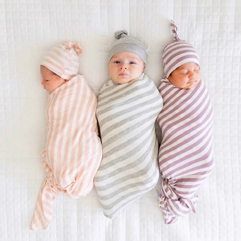 Newborn Fashion Baby Swaddle Blanket Knotted Tire Cap Infant Baby Boys Girls Cotton Striped Wrap Towel Soft Sleepsack
