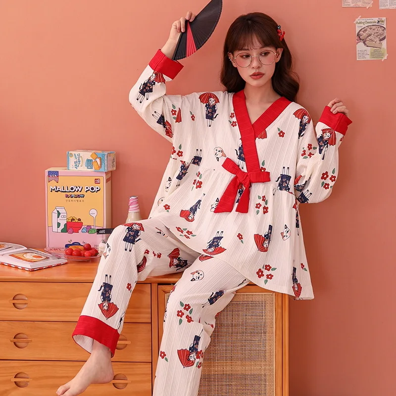 

Print Lady Pajamas Suit Nightwear Sleep Set Cotton Nightgown Sleepwear Loose Home Wear Pyjamas Bathrobe Gown 2PCS Tops&Pants