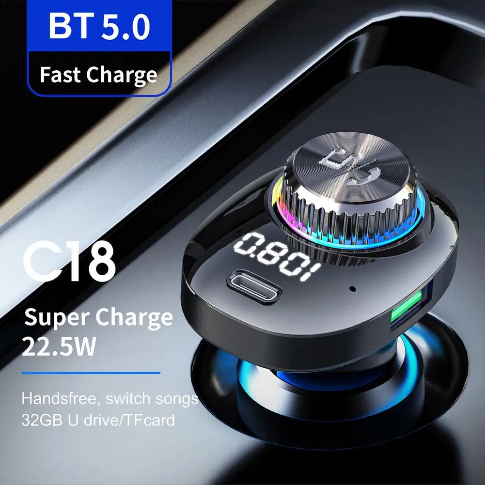 

Car Audio Receiver C18 USB Quick Charge 3.1A Color LED Backlight BT 5.0 FM Transmitter Wireless Handsfree Calling MP3 Player