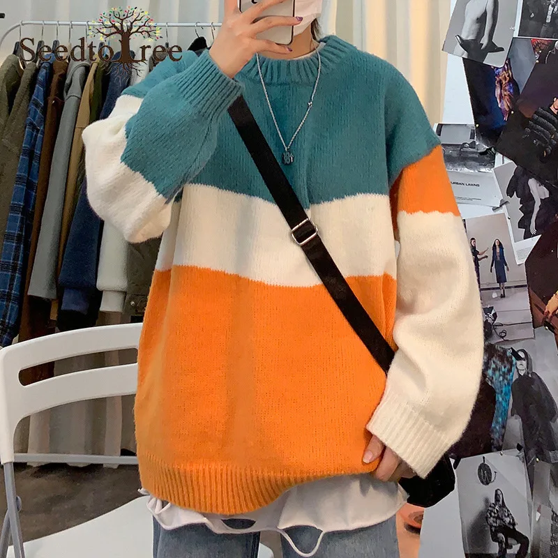 

Men's Sweater Korean Ins Stitching Color Sweater Loose Lazy Round Neck Couple Outfit Pullover