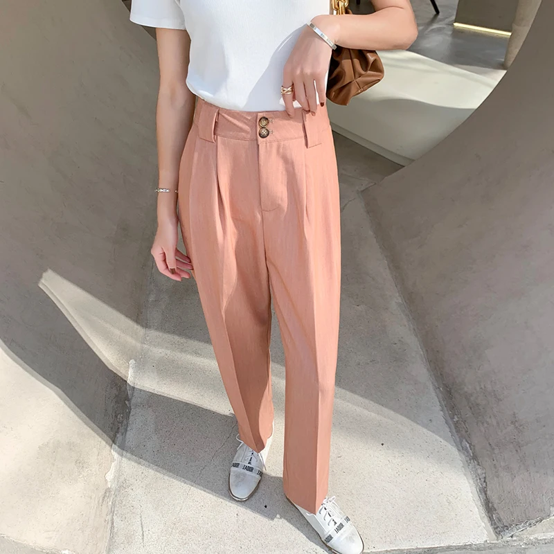 

Black Suit Pants Women High Waist Pant Flat Pocket Office Ladies Pants Fashion Loose Casual Straight Trouser Plus Size