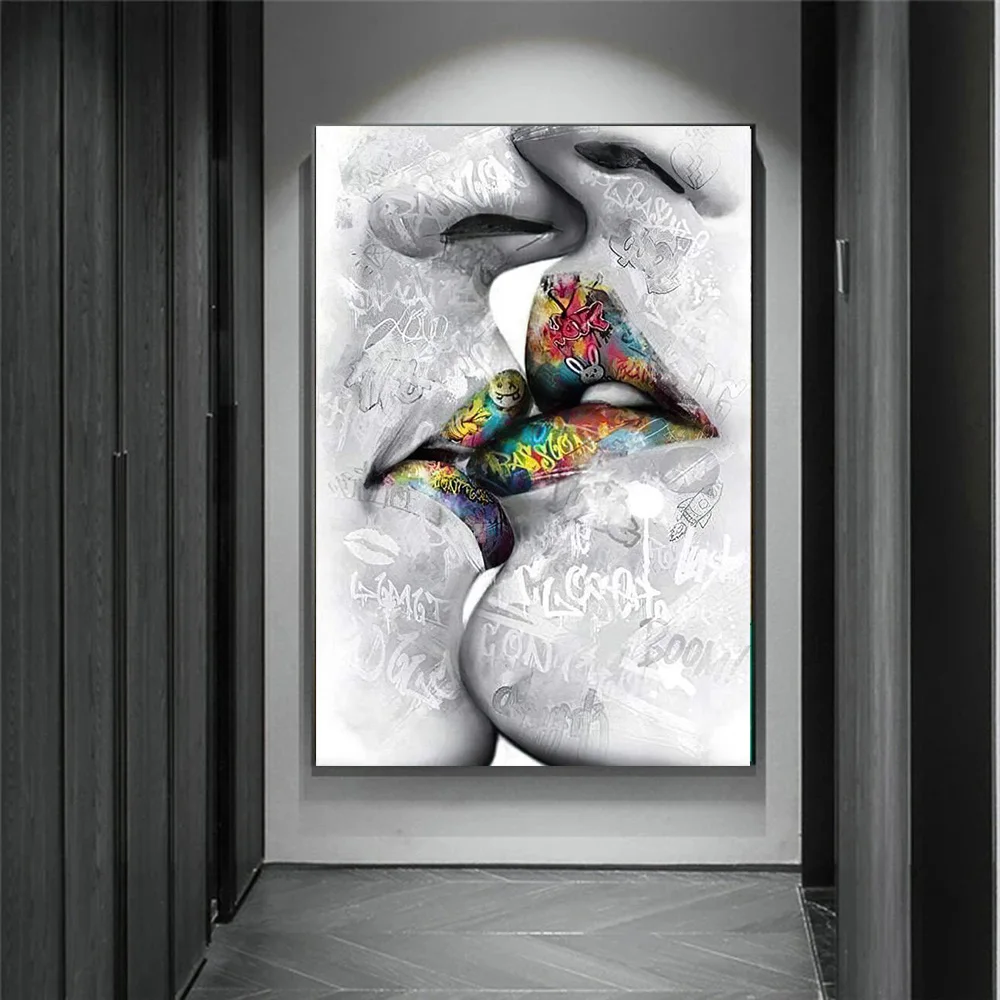 

Street Graffiti Art Lover Kissing Canvas Painting Posters and Sculpture Prints Abstract Pictures Living Room Home Decor No Frame