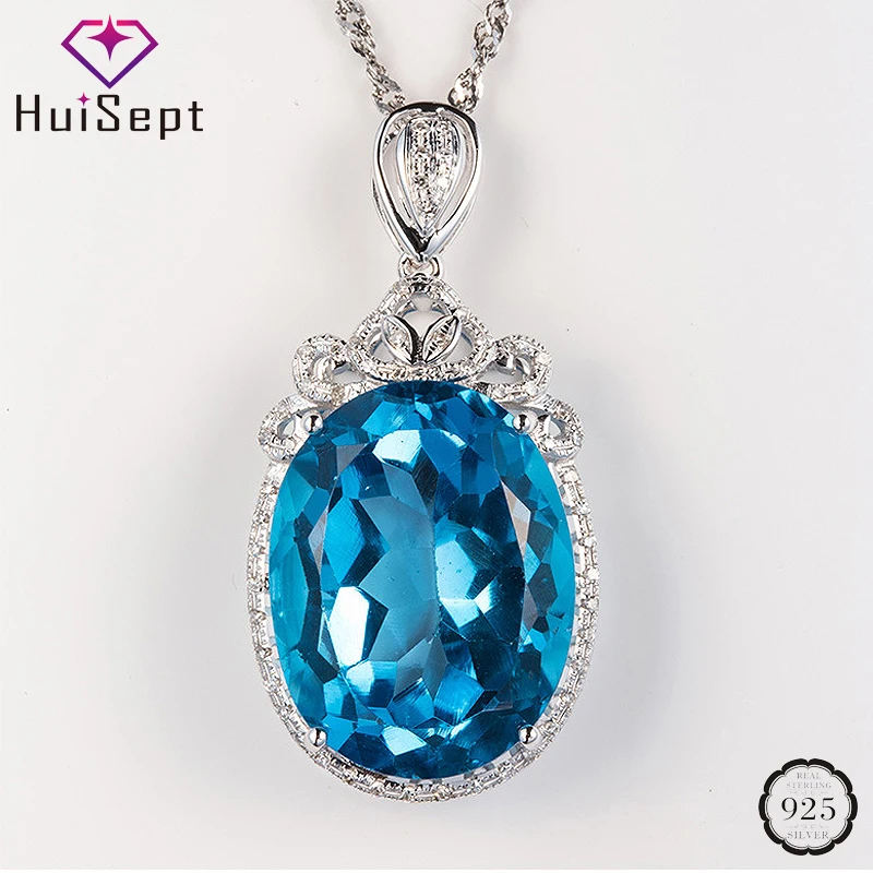 

HuiSept Elegant 925 Silver Necklace Jewellery for Women Oval Shape Sapphire Zircon Gemstones Pendant Wedding Ornaments Wholesale