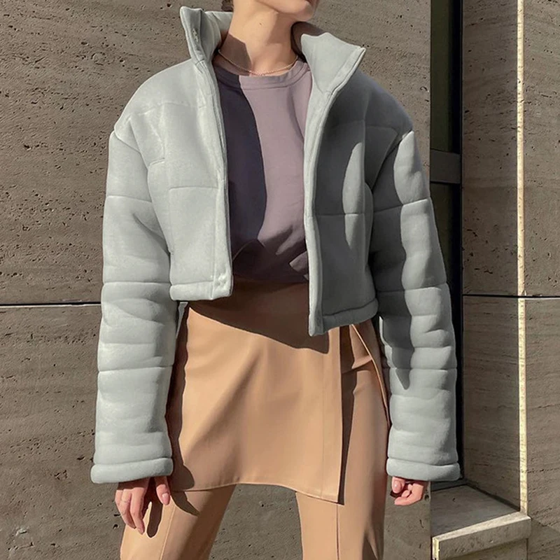 

Простая серая короткая Хлопковая женская куртка на осень и зиму, плотные пальто на пуговицах, женские корейские свободные пуховики, парки д...