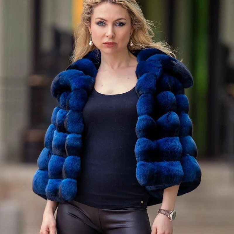 2022 New Real Fur Coat Women Winter Fashion Whole Skin Genuine Rex Rabbit Fur Jacket Stand Collar Chinchilla Color Fur Overcoats