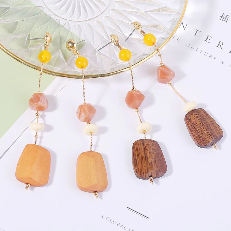 Корейские милые длинные деревянные серьги с кисточками и камнями для женщин 2019