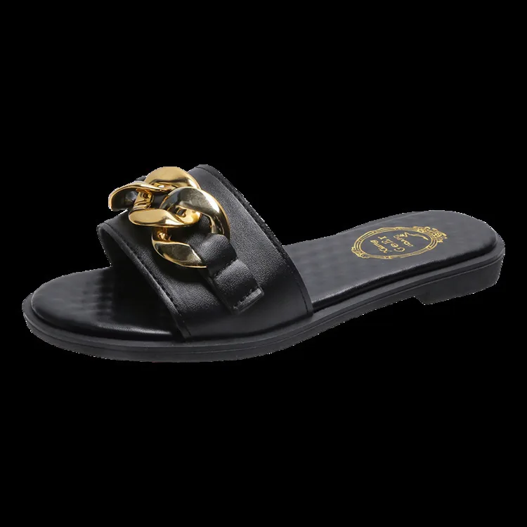 

Brand Women's Sandals and Slippers Summer Flat-bottomed Slippers Women Casual Breathable Metal One-word Slippers Women