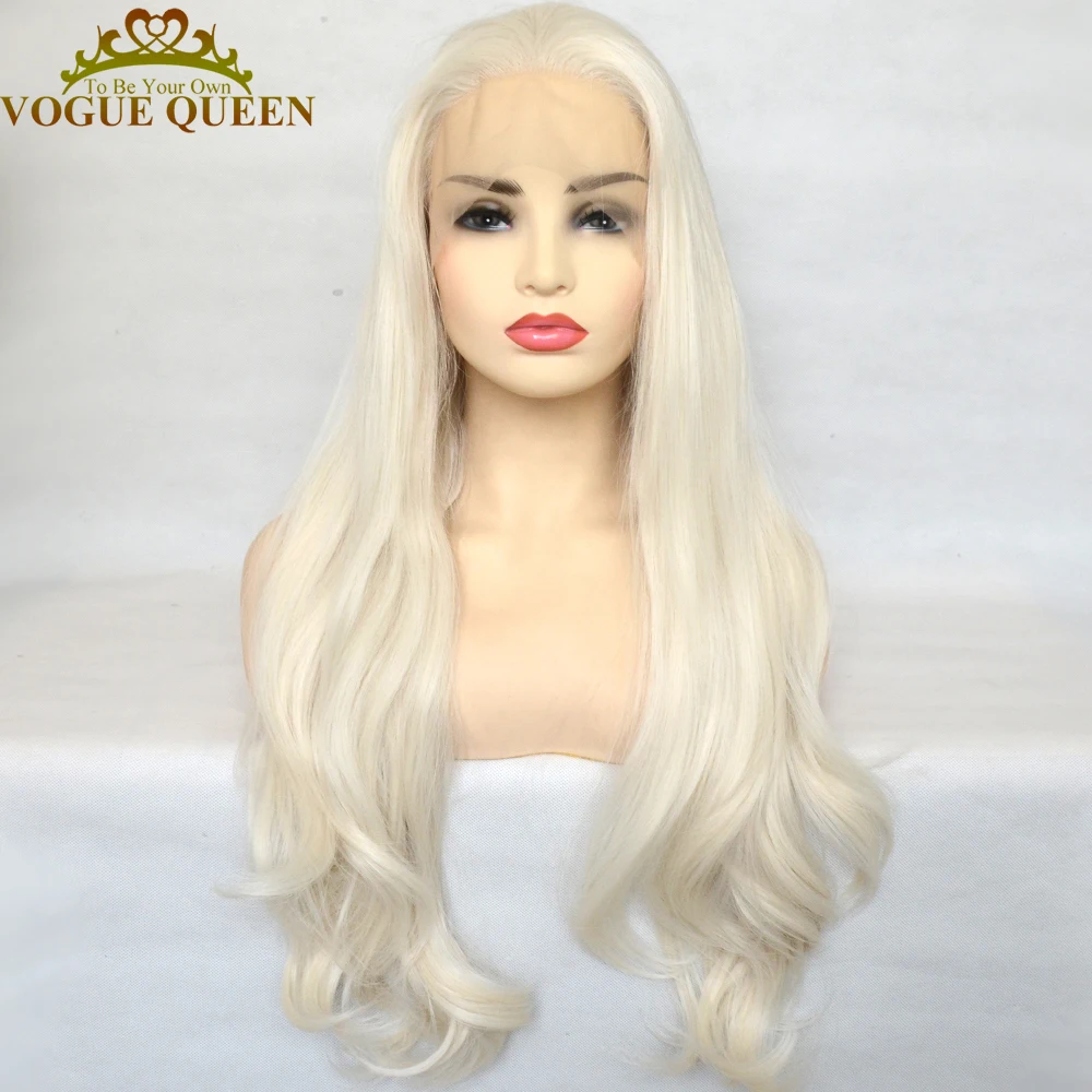 Vogue Queen Platinum Blonde Synthetic Lace Front Wig Long Wave Hair Heat Resistant Fiber Natural Hairline For Women
