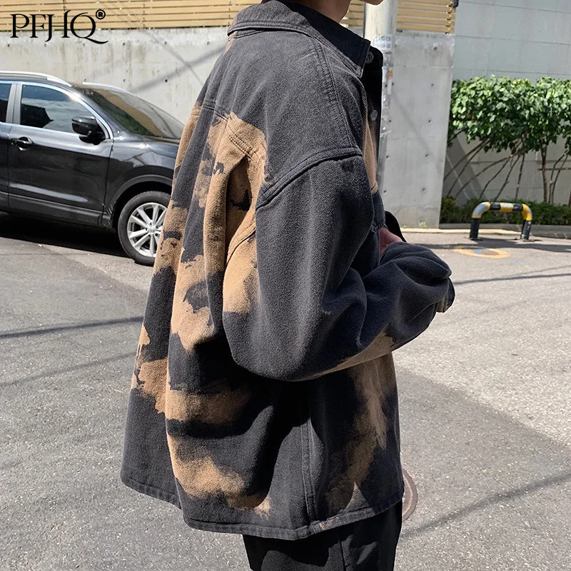 

PFHQ 2021 New Men's Fashion Loose Stand Collar Single breasted Korean Style Tie-dye Denim Jacket Autumn And Winter 21D365