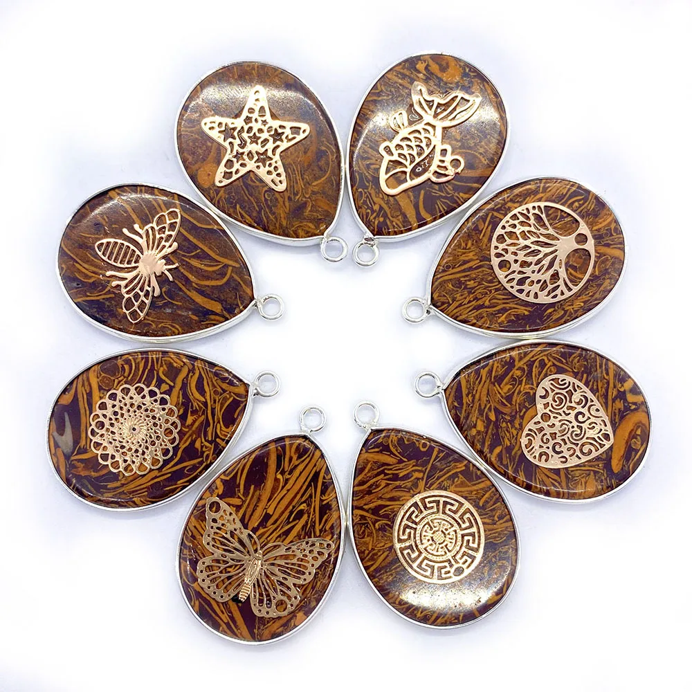 

1 PCS Natural Stone Necklace Golden Silky Jade Coffee Color Bound Water Drop Jewelry Pendant Handmade Accessories DIY Fashion