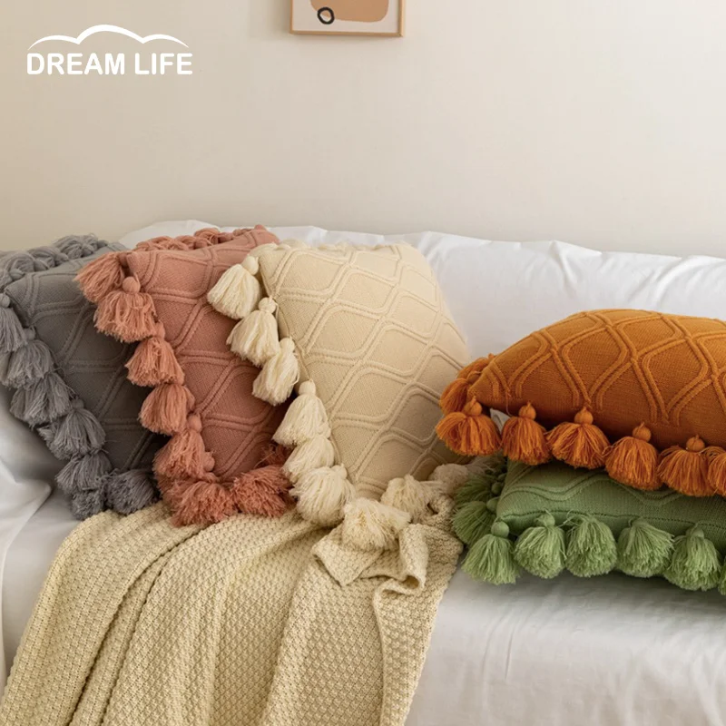 

Throw Pillow Case Solid Color Pillow Corrugated Tassel Knitted Pillowcase Car Sofa Chair Cushion Textured Cushion Yellow Pillow