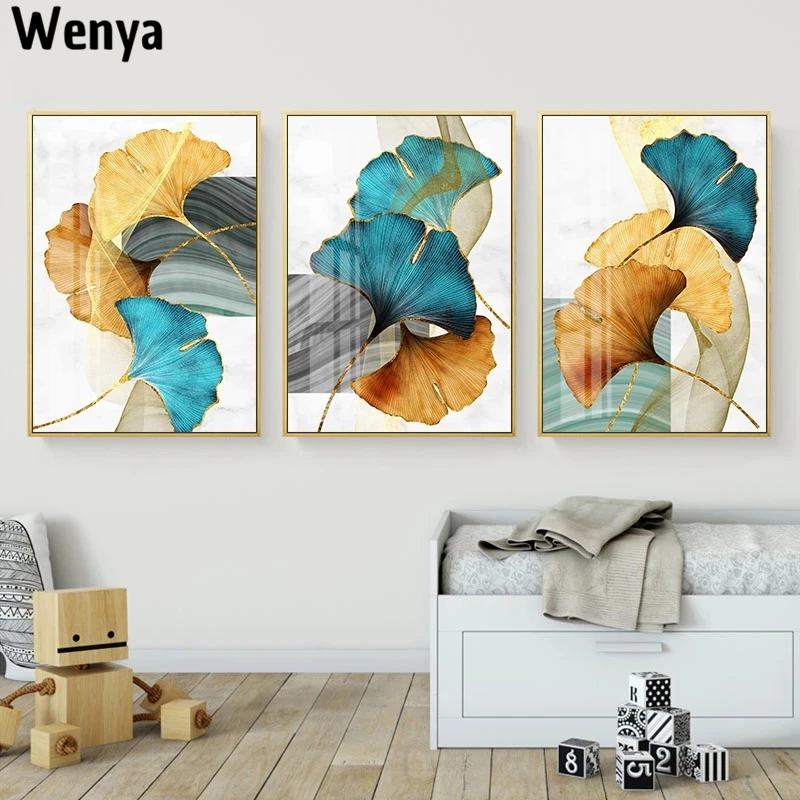 

Blue Green Yellow Gold Plant Leaf Abstract Poster Nordic Canvas Print Wall Art Painting Modern Picture Living Room Decoration