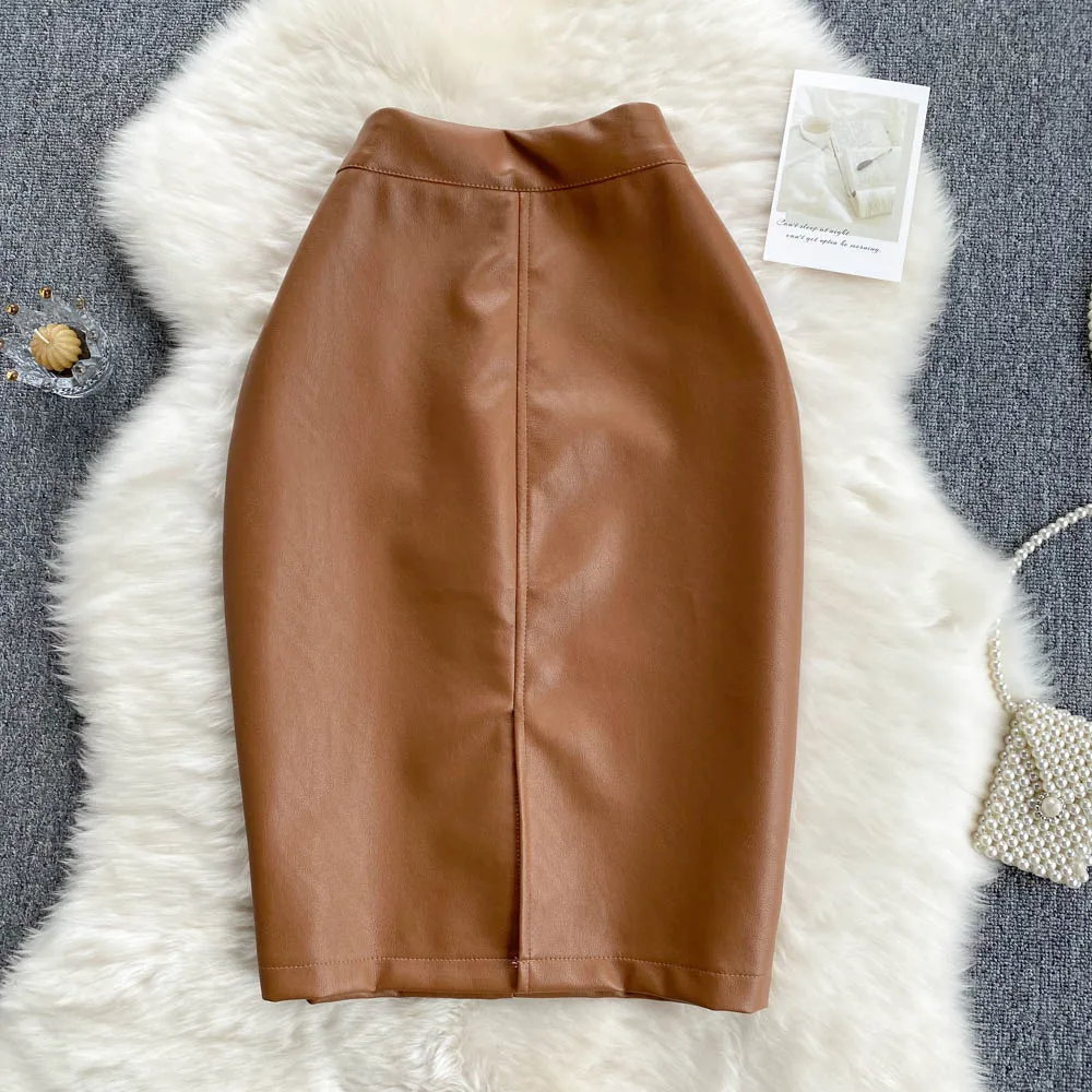 

VANOVICH 2022 Autumn and Spring New High Waist Leather Skirt Women Solid Color Wild Fashion Ladies Skirts Casual Europe Skirts