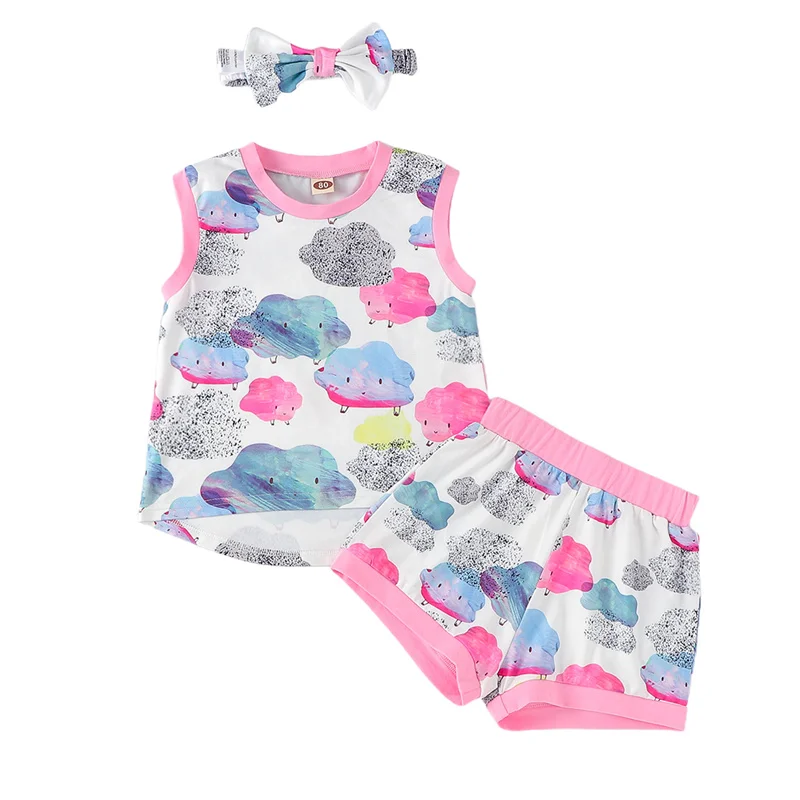 

3pcs Infant Baby Girls Cotton Tracksuit,Cartoon Cloud Print Children Kids Girls O-Neck Tank Tops+Shorts+Headband Suit,3-18Months