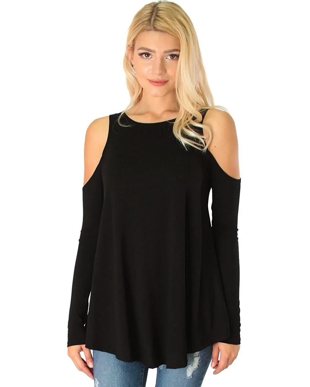 

Solid off shoulder long sleeve T-shirt loose top large women's wear