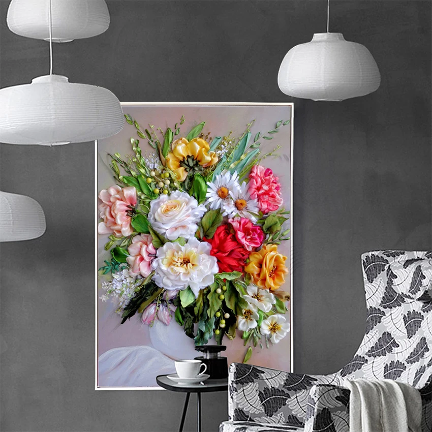 

Oil Painting Three-dimensional Beautiful Bouquet Canvas Poster For Living Room Bedroom Home Wall Art Aisle Modern Decor