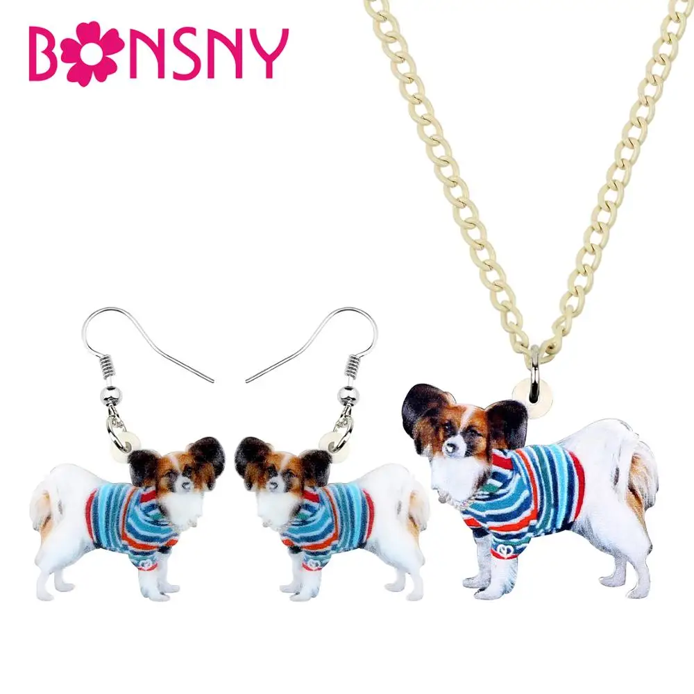 Bonsny Acrylic Colorful Striped Coat Papillon Dog Necklace Earrings Jewelry Sets Cartoon Decoration Girl Fashion charm Gift | Украшения и