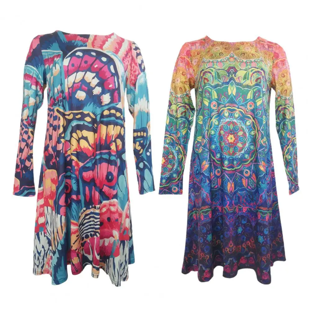 

Boho Women Long Sleeve O Neck Digital Print Large Hem Party Knee-length Dress