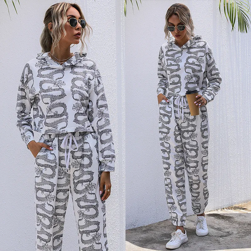 

Casual Plus Size Women Pajamas 2020 Autumn Fashion Hooded Print Loose Home Clothes Women