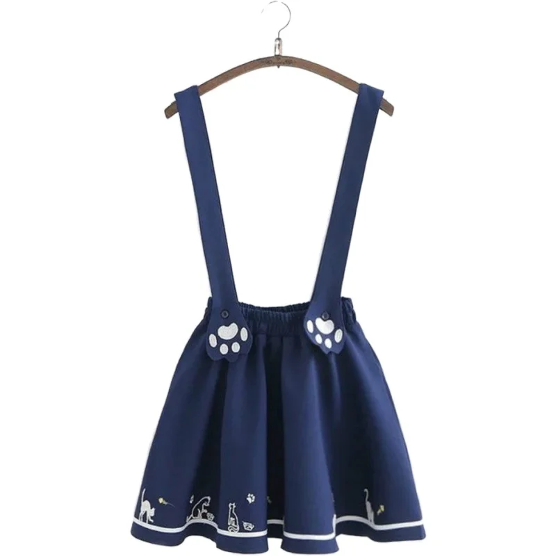 

New Summer Women Skirts Cartoon Cat Dog Embroidery Skirt Harajuku Kawaii Japanese Style Cute Chiffon Strap Mini Skirt Streetwear