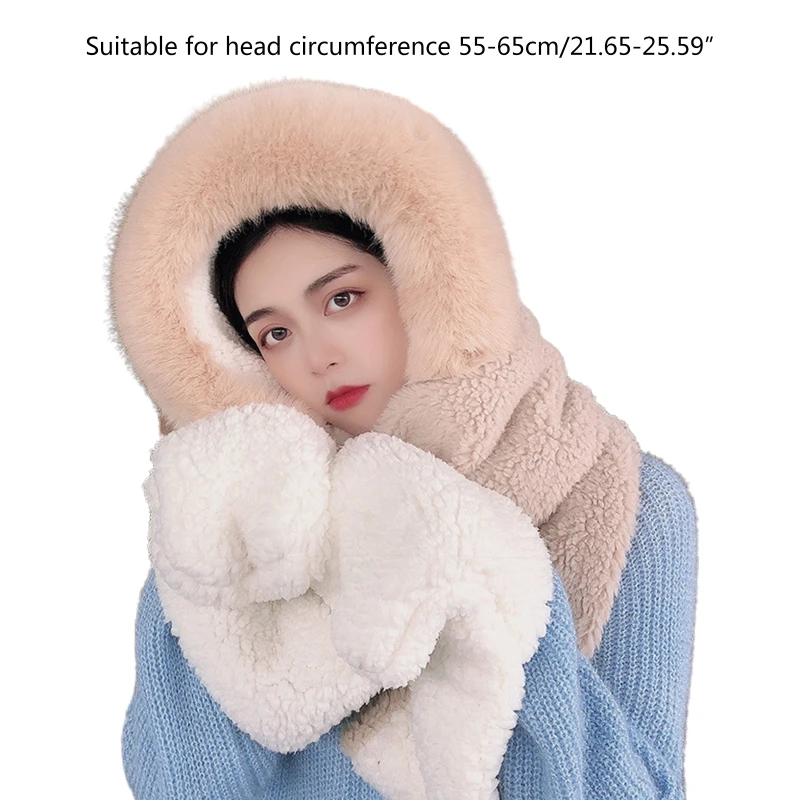 

Women Winter Fuzzy Plush 3 In 1 Hooded Scarf Hat Gloves Set Contrast Color Cartoon Ears Thicken Earflap Cap Neck Warmer Pocket