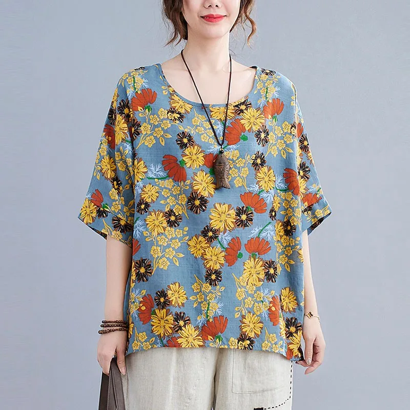 

Oversized Women Cotton Linen Casual T-shirts New Arrival 2021 Summer Vintage Style Floral Print Loose Female Tops Tees S3892