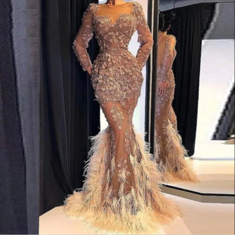 

Ostrich Applique Evening Dresses Full Sleeve vestidos formales платье на выпускной robe de soirée de mariage vestido de festa
