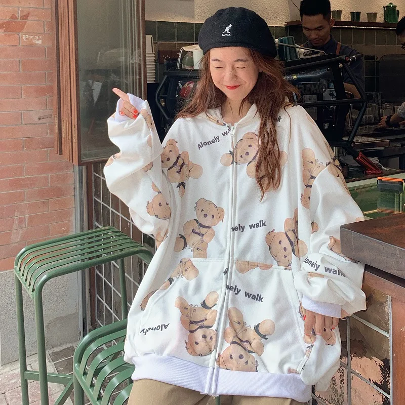 

Harajuku Bear Print Zipper Jacket Women Oversize Hoodies Black Sweatshirt Vintage Goth Punk Loose Outwear casual grunge clothes