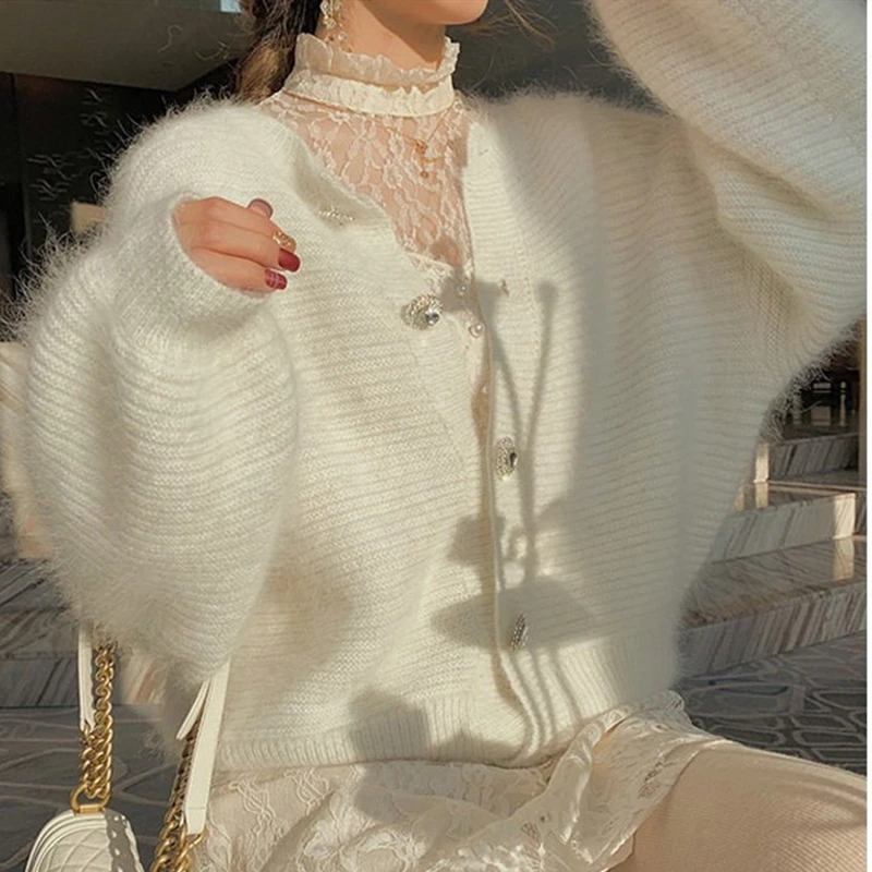 Осенний вязаный Пушистый кардиган свитер женский корейский стиль белые