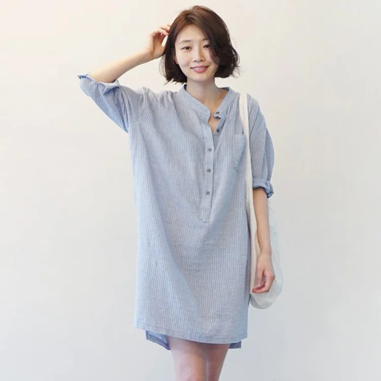 

2021 Spring And Summer V-neck Cotton Linen Loose Dress Women Elegant Striped Casual Plus Size Dress Female