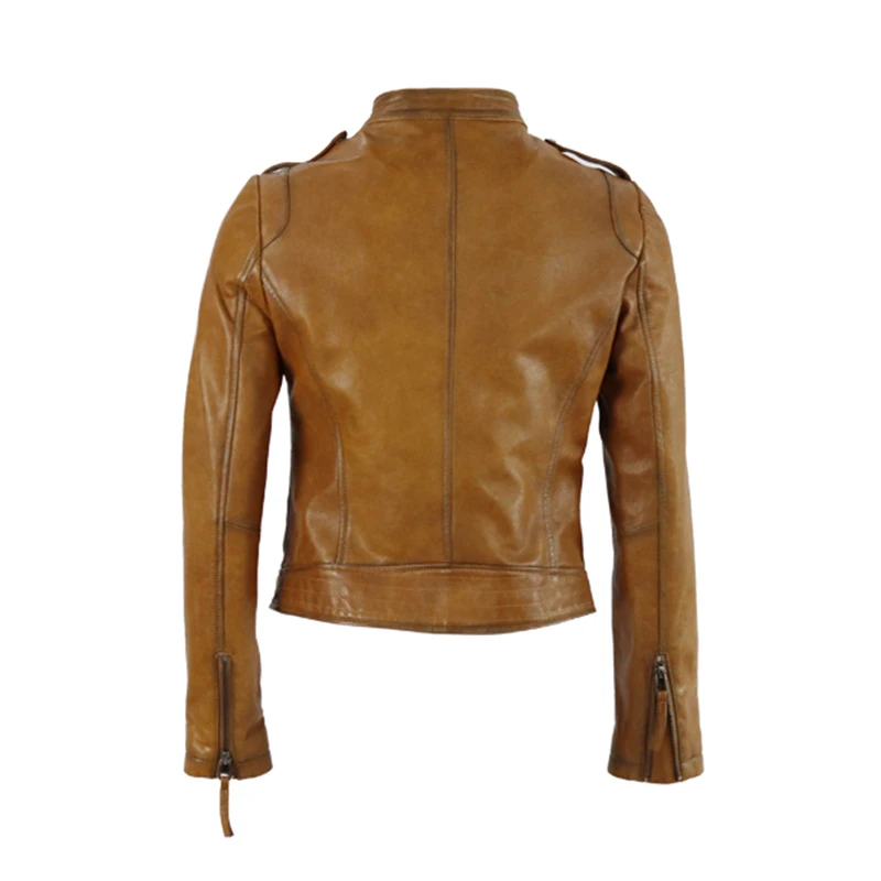 JAZZEVAR 2023 New High Fashion Street Women Real Sheep Skin Leather Jacket Ginger color Genuine Leather short Motorcycle Jackets
