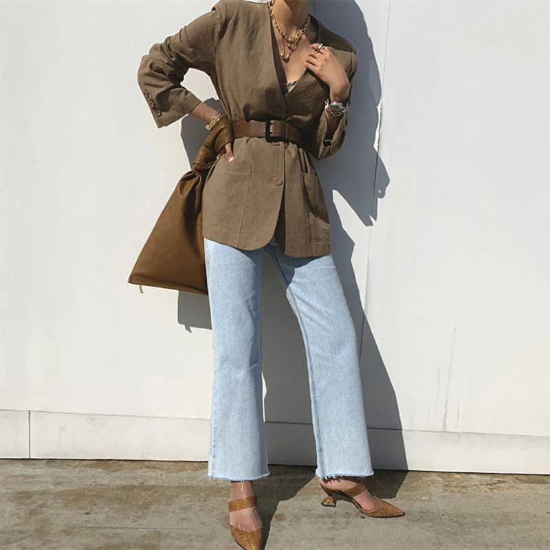 

New 2021 Spring Autumn Women's Blazers Jackets Fashionable Vintage Oversized With Belt Lace Up Lady Wild Tops