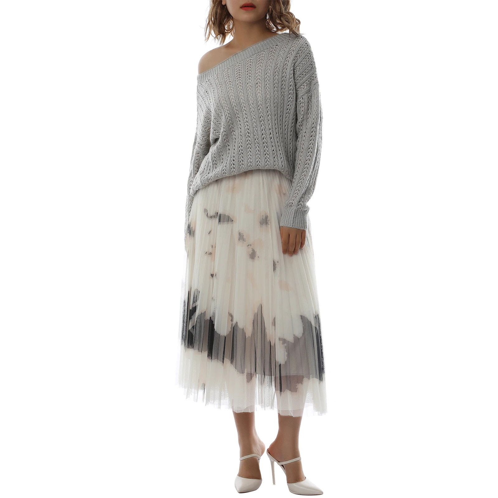 

Women Pleated Midi Skirt, Casual Elastic Waist Tie Dye Print A-Line Chiffon Skirt