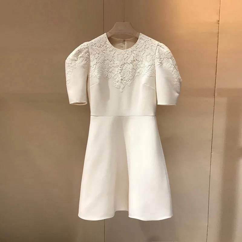 

Top Quality Women Silk Wool Dresses 2020 Fall Italy Korean Fashion Style Lace Patchwork Puff Sleeve Ladies Elegant A-lined Robe