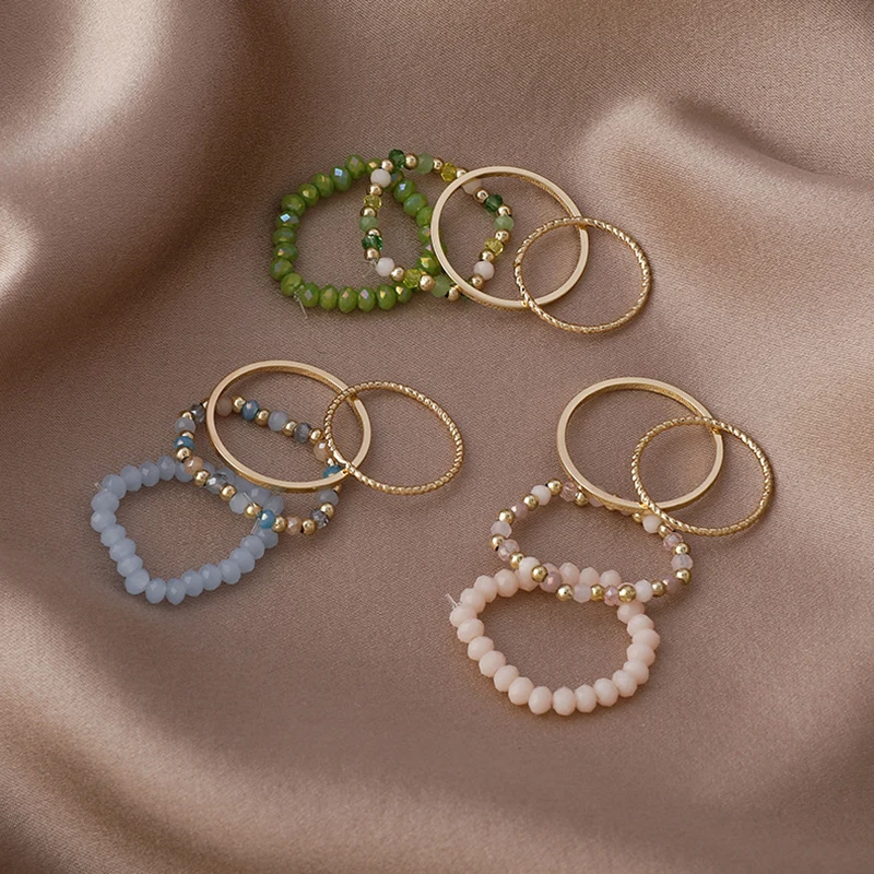 

4Pcs Crystal Beaded Rings for Women Summer Vintage Rings Set Korean Women Jewelry Temperament Accessories Sweet Aesthetic Gift